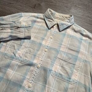 J Crew Flannel Shirt Mens Medium Blue Beige Plaid Cotton Knit Pocket‎ Minimal